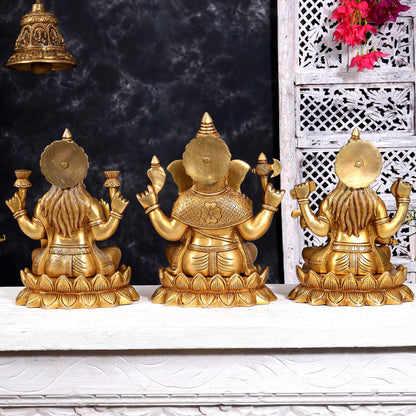 Brass Ganesha Lakshmi Saraswati on Lotus — Idol Set 10.5 inch