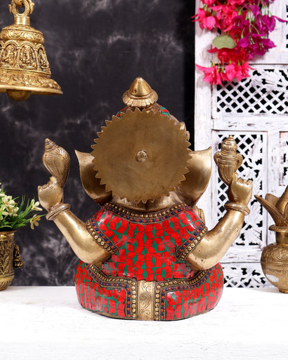 Ganesha Brass Idol with Mosaic Stonework - 12 inch