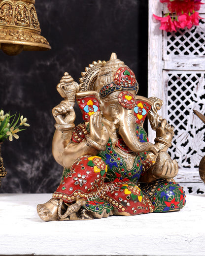 Brass Resting Ganesha Statue with meenakari Stonework 10 inch