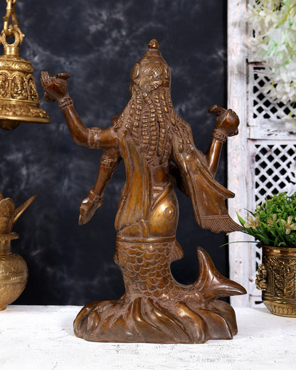 Pure Brass Matsya Vishnu Avatar Statue | Vintage Finish Divine Sculpture (14 Inch)