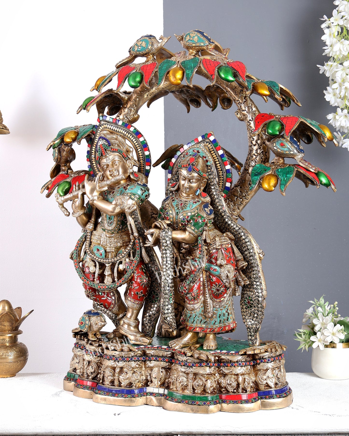 Premium Pure Brass Radha Krishna under Vrindavan Tree with Meenakari Stonework – Grand Handcrafted Temple Sculpture 30 inch tall