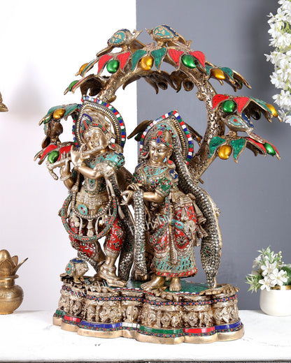 Premium Pure Brass Radha Krishna under Vrindavan Tree with Meenakari Stonework – Grand Handcrafted Temple Sculpture 30 inch tall