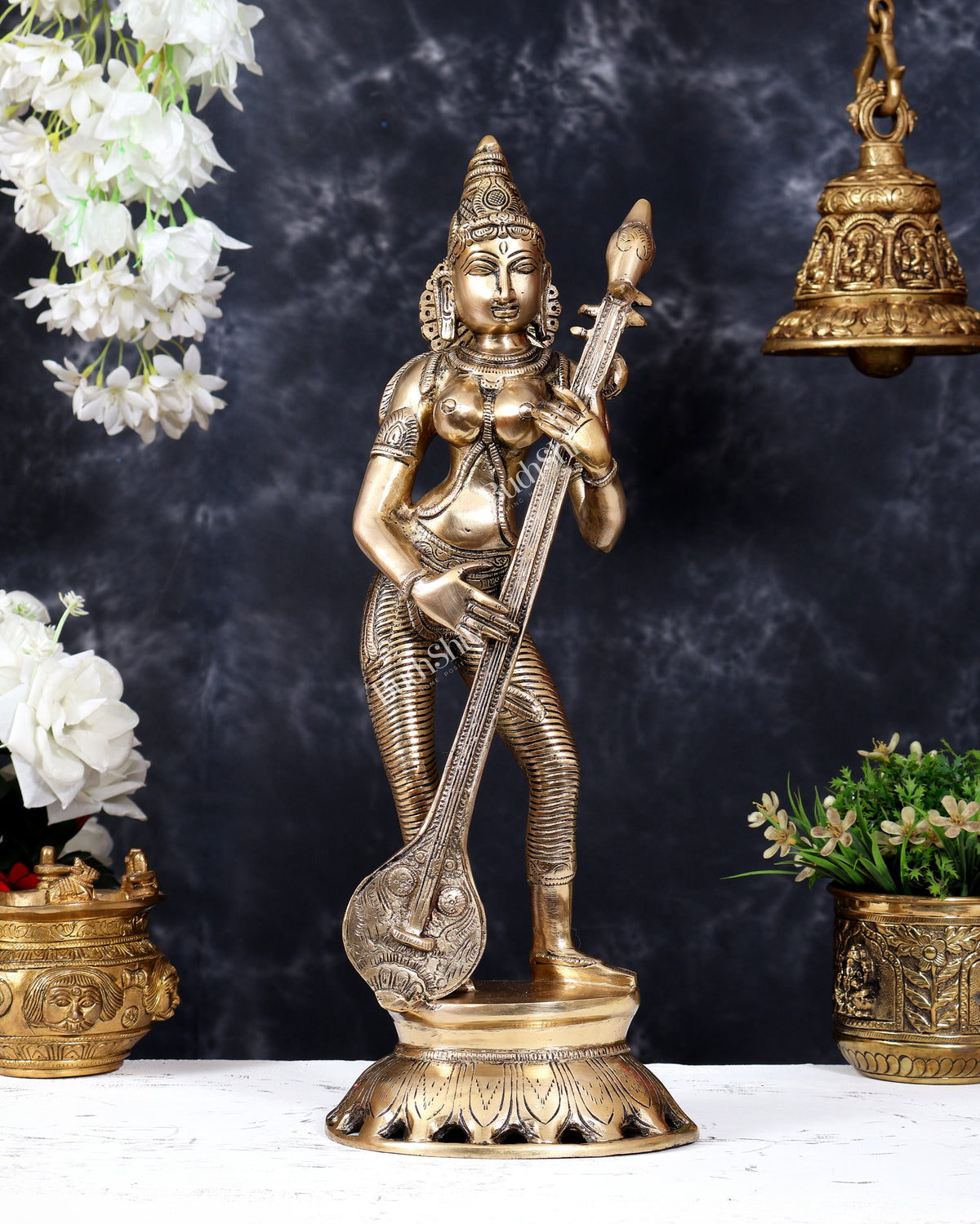 Brass Superfine Standing Goddess Saraswati Idol – 18" Height vintage depiction