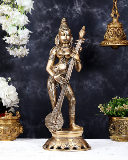Brass Superfine Standing Goddess Saraswati Idol – 18" Height vintage depiction