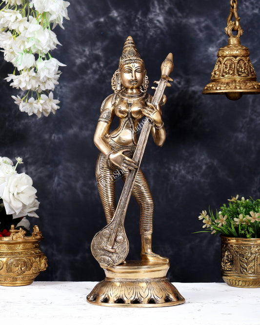 Brass Superfine Standing Goddess Saraswati Idol – 18" Height vintage depiction