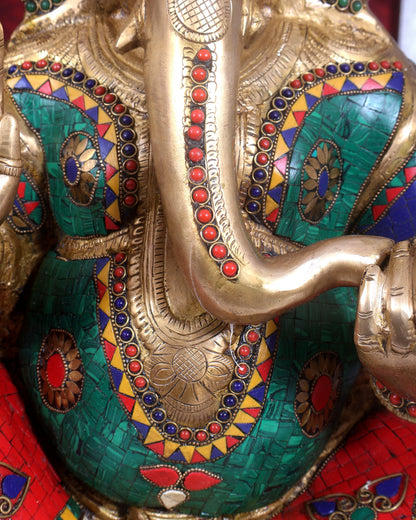 Pure Brass Lord Ganesha Statue - 20 Inch with stonework