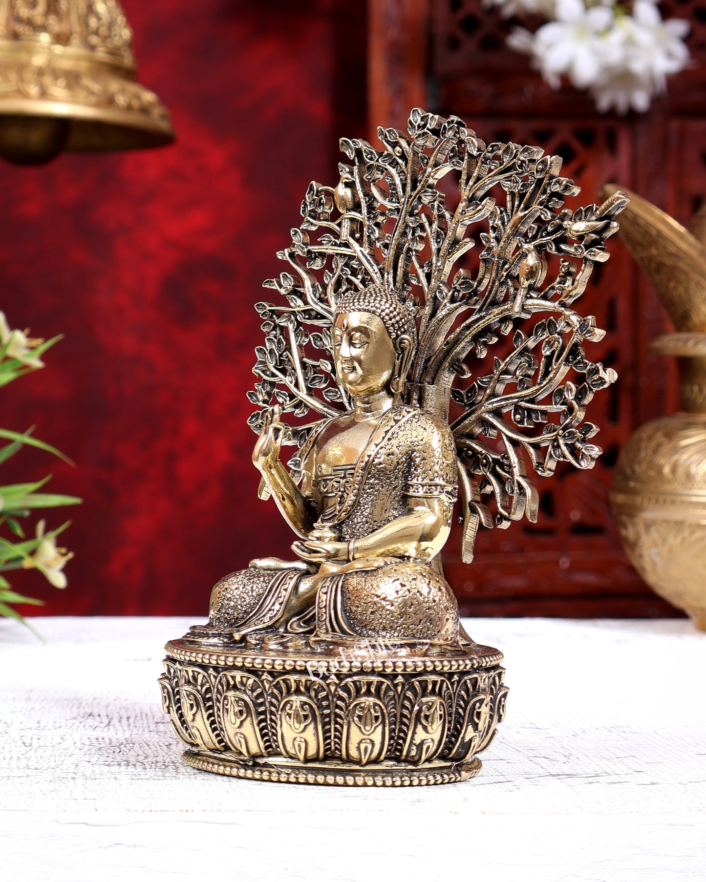 Brass Superfine Buddha with Bodhi Tree Idol | Pure Brass Buddhist Miniature Sculpture 6 inch