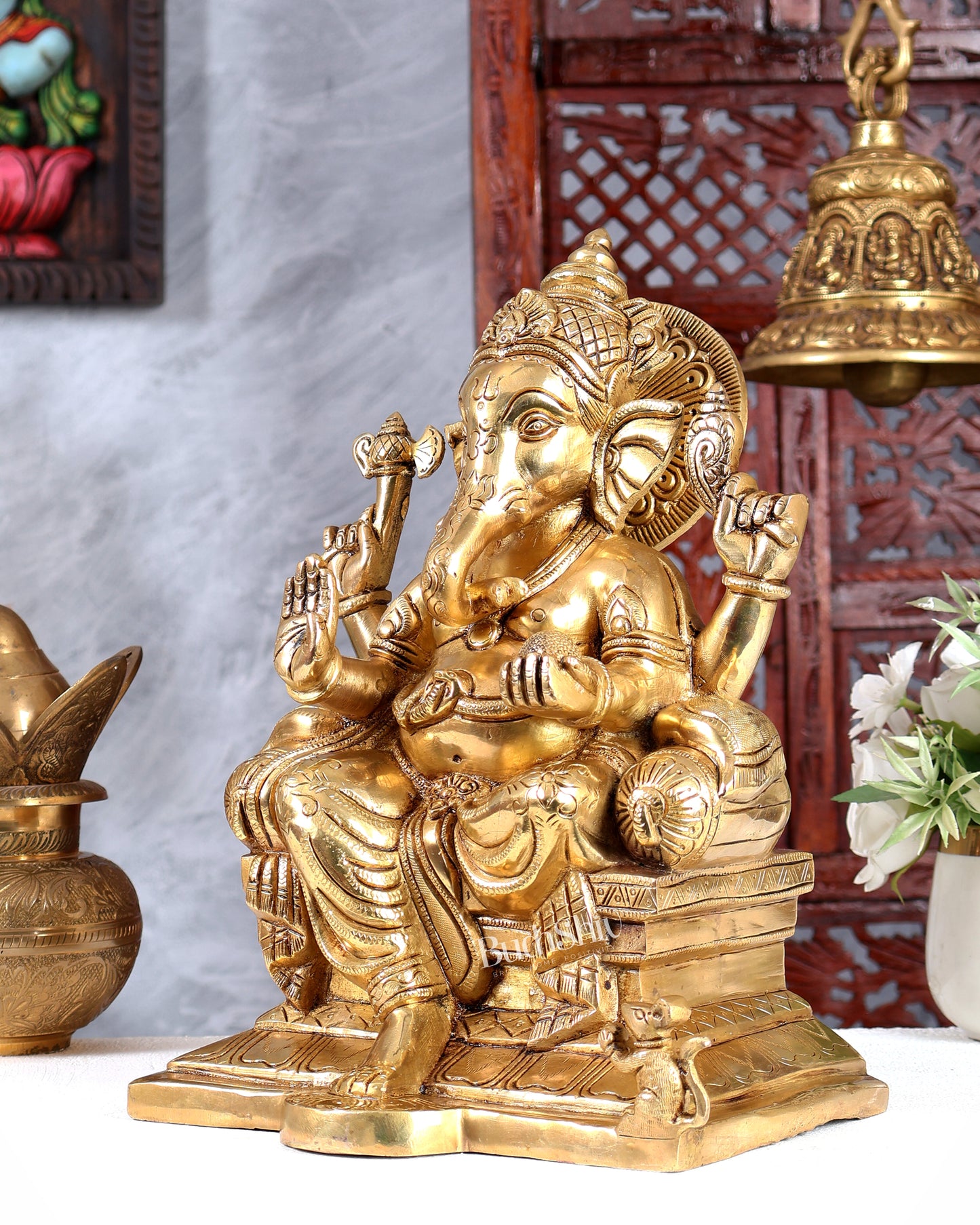 Brass Raja Ganesha on Throne Idol – Royal Handcrafted Lord Ganesha Sculpture (12 Inches)