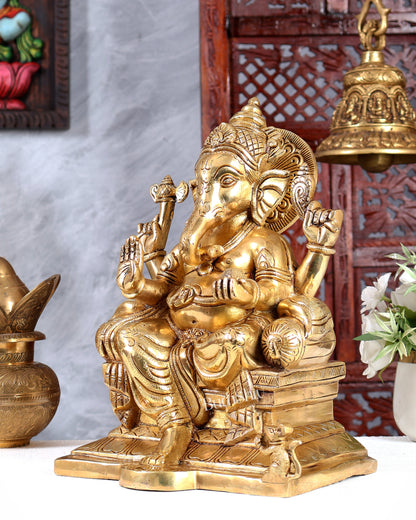 Brass Raja Ganesha on Throne Idol – Royal Handcrafted Lord Ganesha Sculpture (12 Inches)