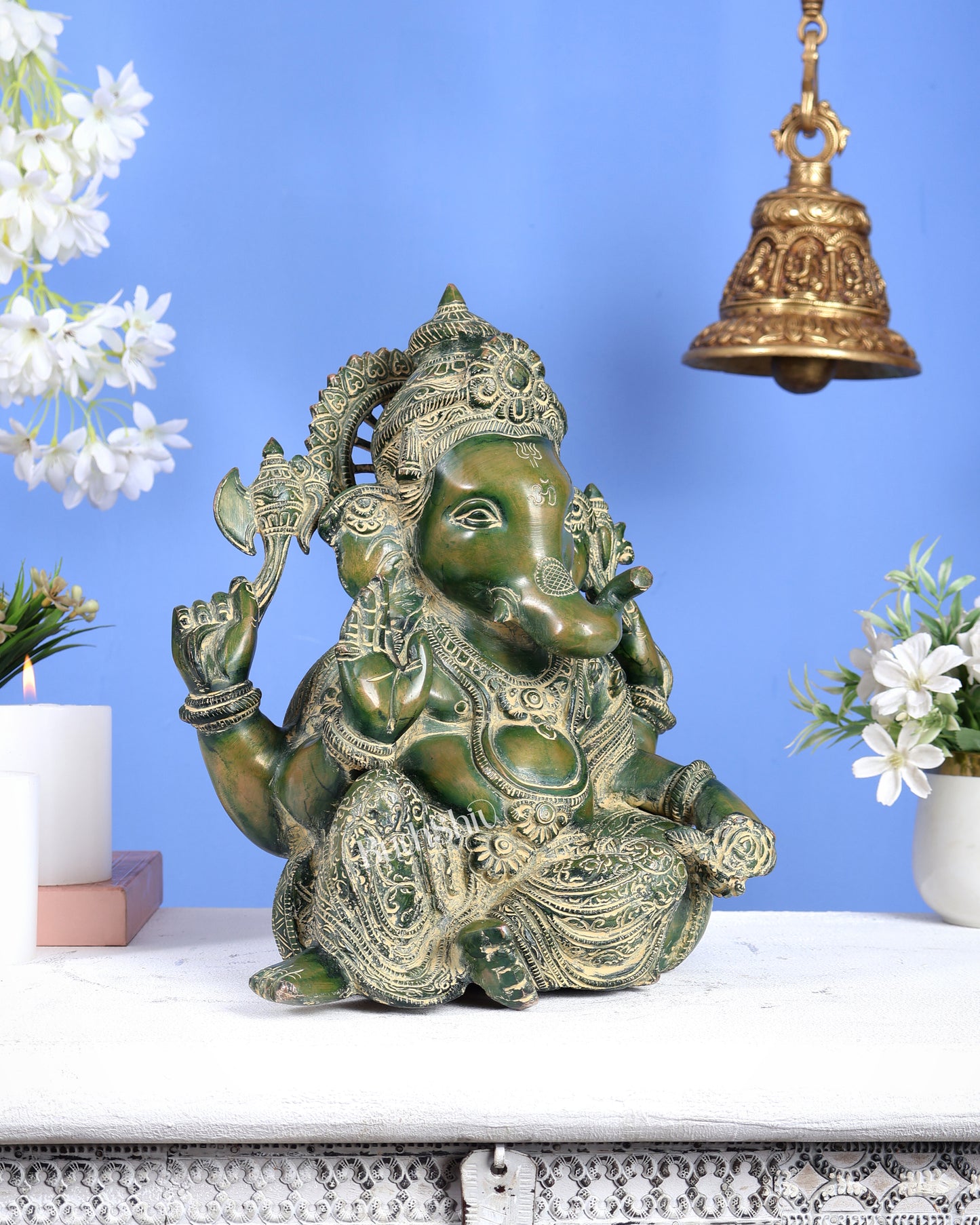 Brass Resting Ganesha Statue – Unique Relaxed Pose Divine Sculpture (11 Inches) green tone