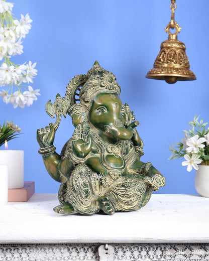 Brass Resting Ganesha Statue – Unique Relaxed Pose Divine Sculpture (11 Inches) green tone