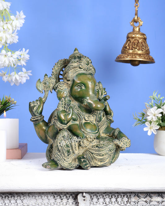 Brass Resting Ganesha Statue – Unique Relaxed Pose Divine Sculpture (11 Inches) green tone