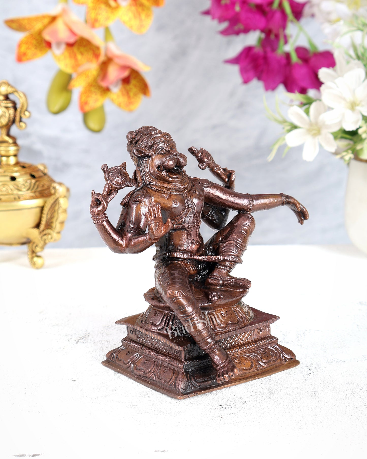 Pure Copper Relaxing Smiling Narasimha Idol – Solid Handcrafted Divine Sculpture (5 Inches)