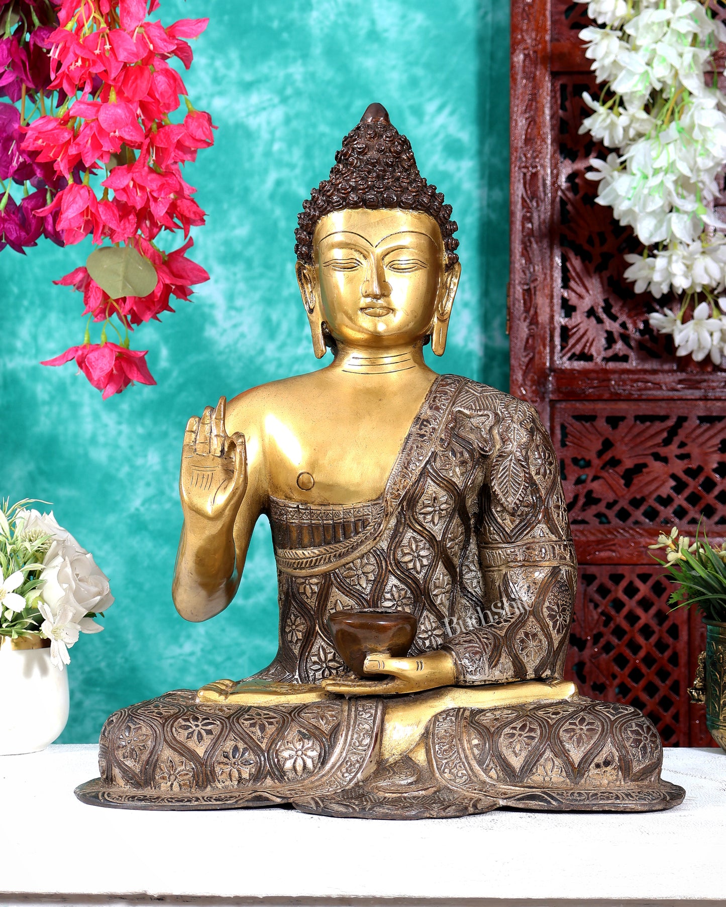 Buddha Brass Idol 17 inch blessing dual tone copper silver tone