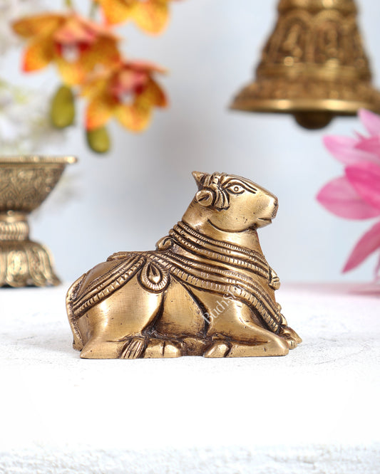 Brass Miniature Nandi Statue – Handcrafted Sacred Bull of Lord Shiva 3 inch antique tone