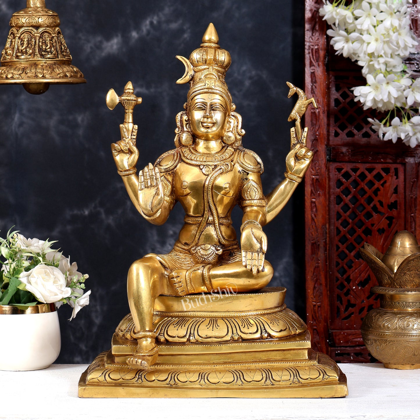 Brass Shiva & Parvati Sitting Statue | Uma Maheshwara 16.5 inch