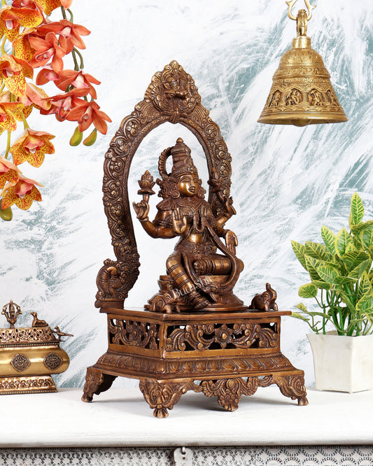 Antique Brass Goddess Lakshmi on Singhasan with Two Elephants – Grand Divine Prosperity Sculpture (20.5 Inches)