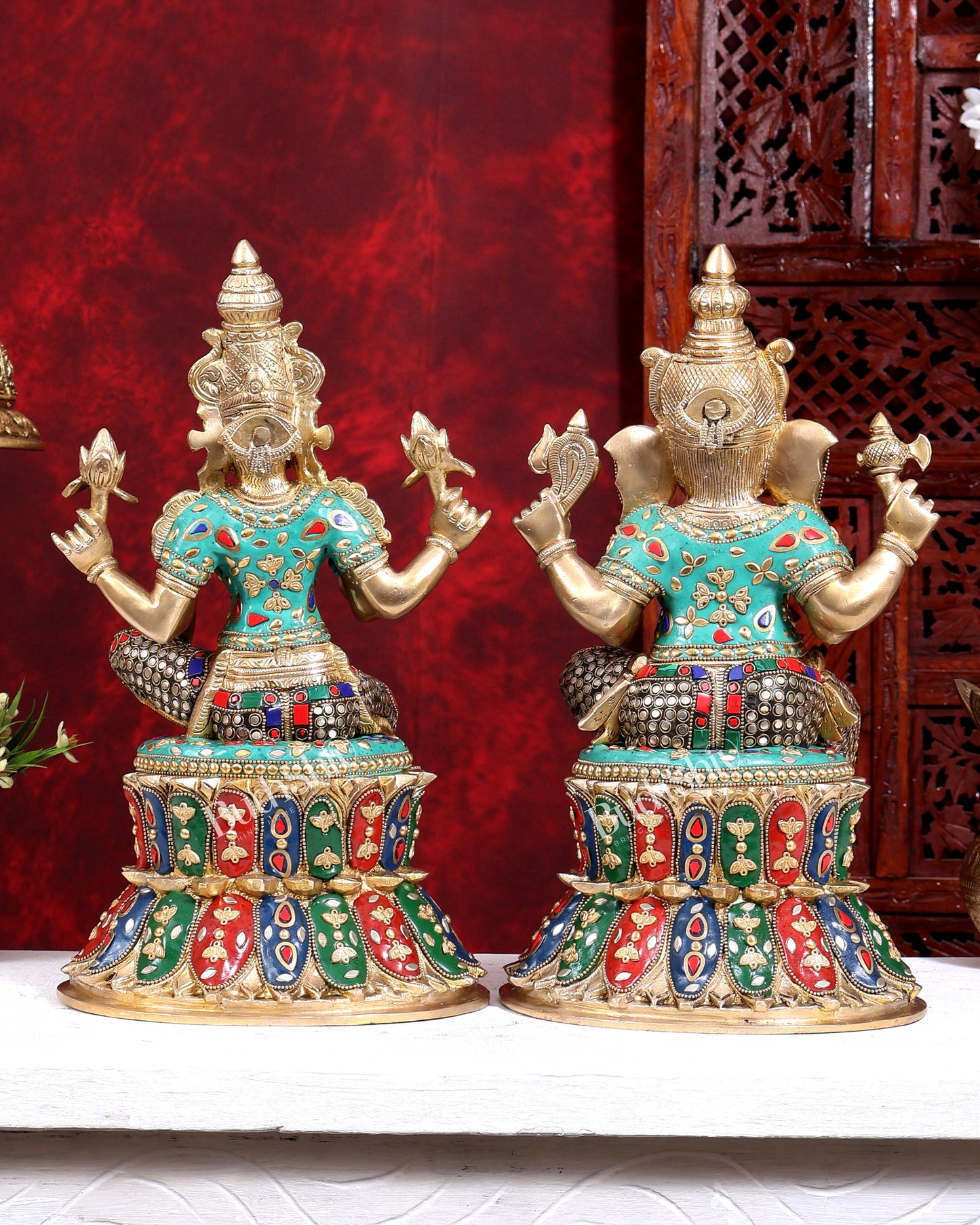 Pure Brass Ganesh Lakshmi on Lotus Idols with stonework 15 inch