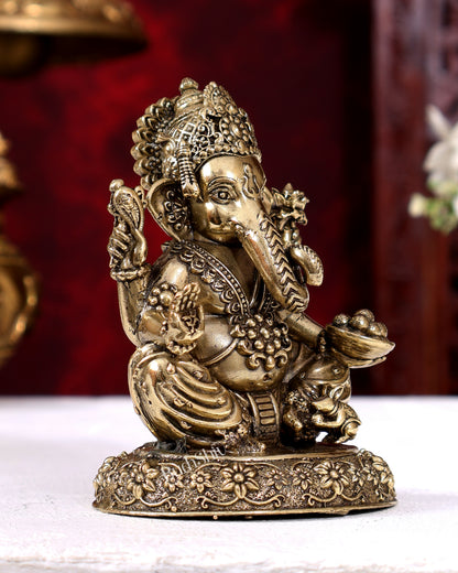 Brass Superfine Ganesha on Round Base — Intricate Idol 4 inch