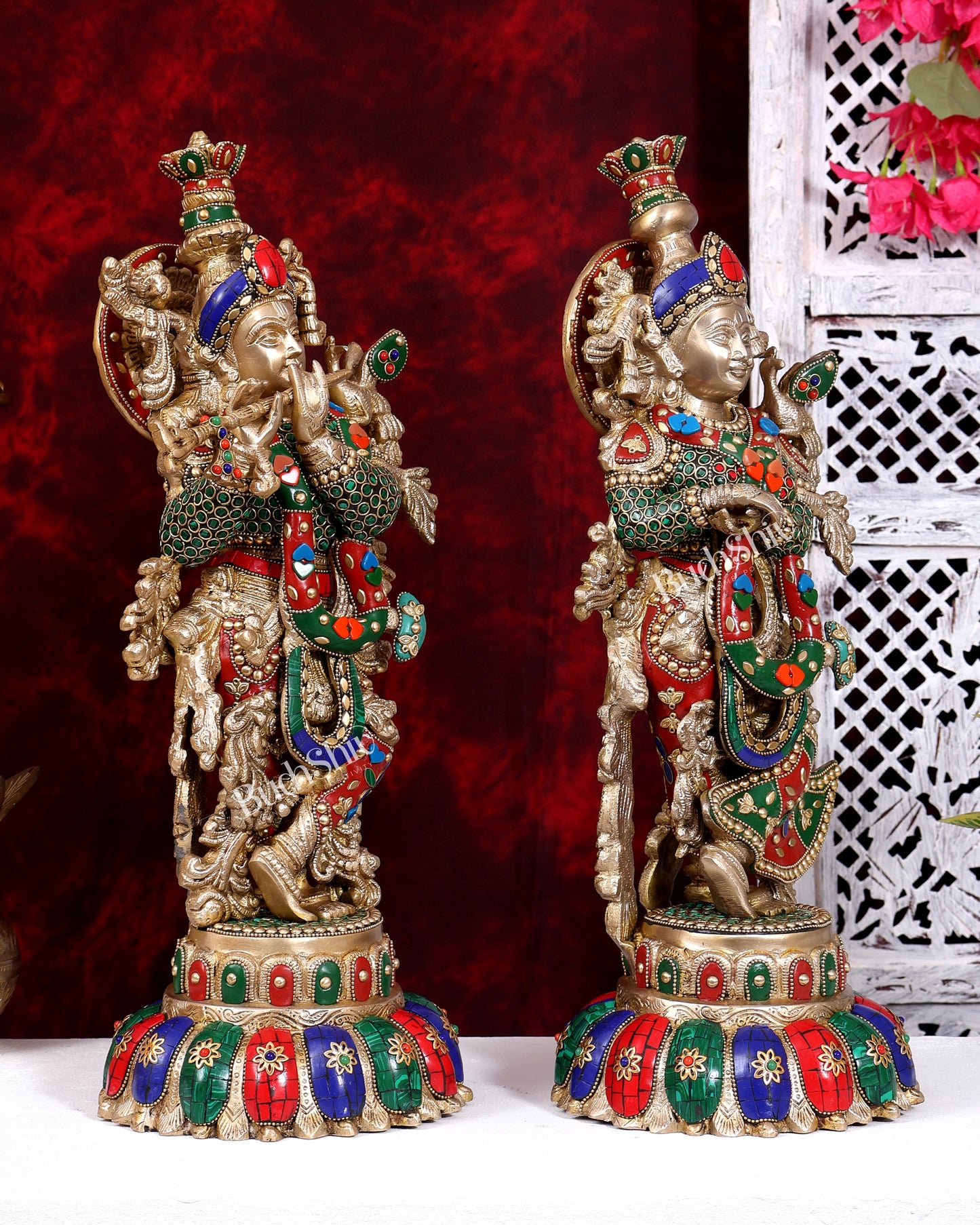 Brass Radha Krishna Idols on Lotus Base – Fine Craft Divine Pair (21 Inch) meenakari Stonework