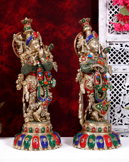 Brass Radha Krishna Idols on Lotus Base – Fine Craft Divine Pair (21 Inch) meenakari Stonework