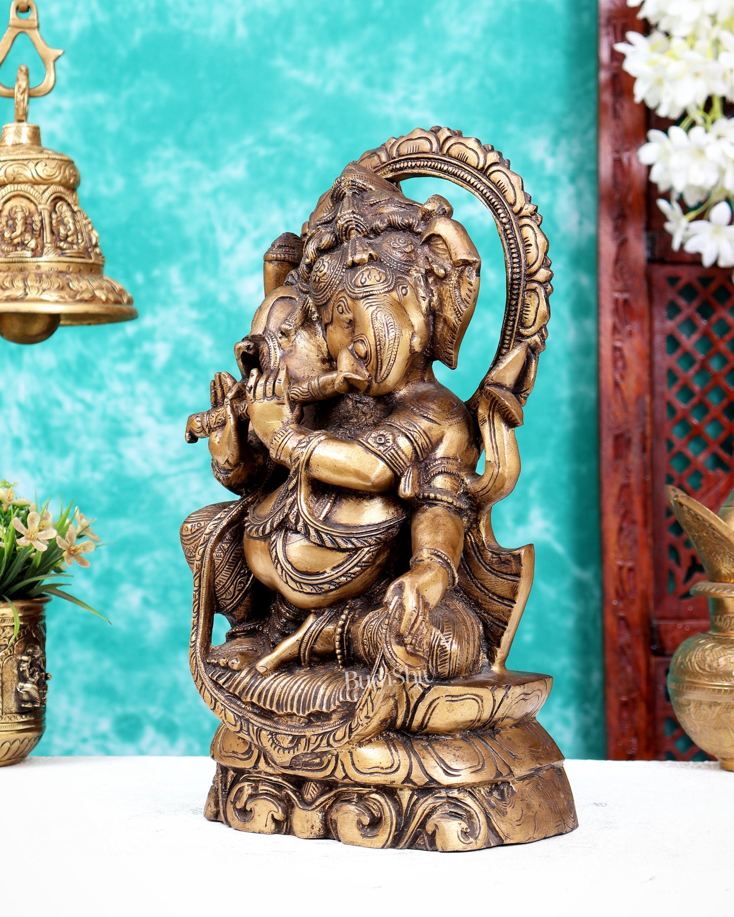 Antique Finish Brass Unique Ganesha Statue Playing Flute 13.1 inch
