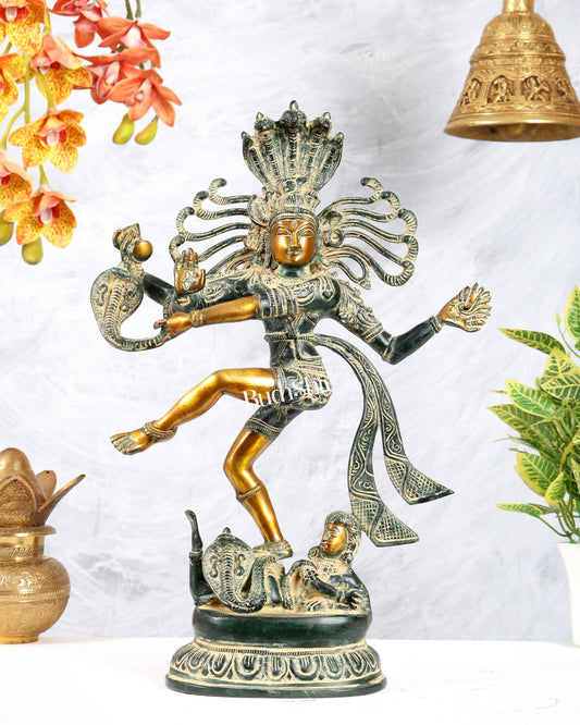 Brass Dancing Shiva Nataraja Statue Without Fire Ring – Vintage Henna Green Sand Finish (17.5 Inches)