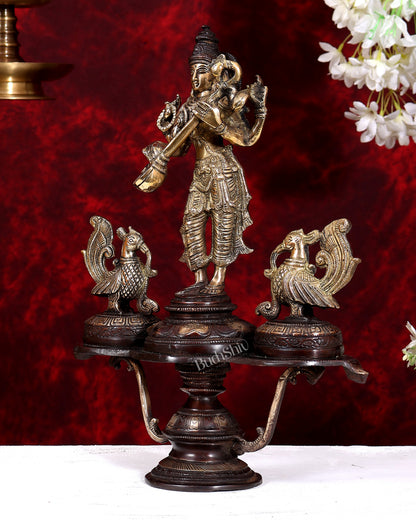 Brass Saraswati with Two Swans — Unique Statue 14.5 inch dual tone