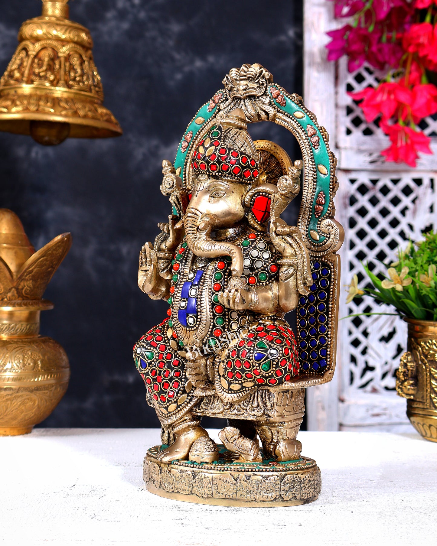 Pure Brass Lord Ganesha Seated on a Throne Statue 10" with stonework