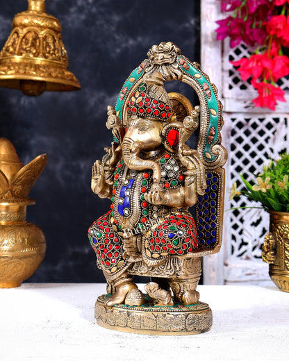 Pure Brass Lord Ganesha Seated on a Throne Statue 10" with stonework