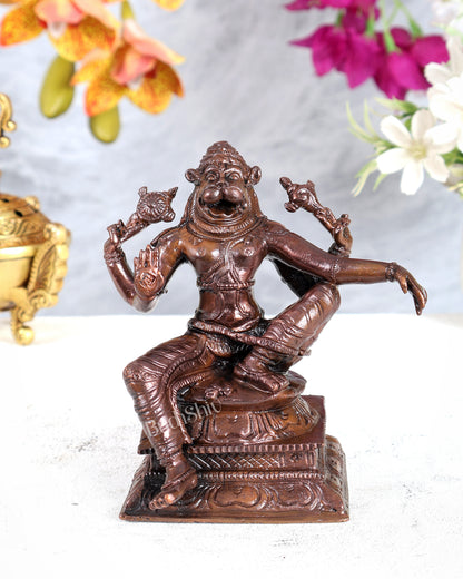 Pure Copper Relaxing Smiling Narasimha Idol – Solid Handcrafted Divine Sculpture (5 Inches)