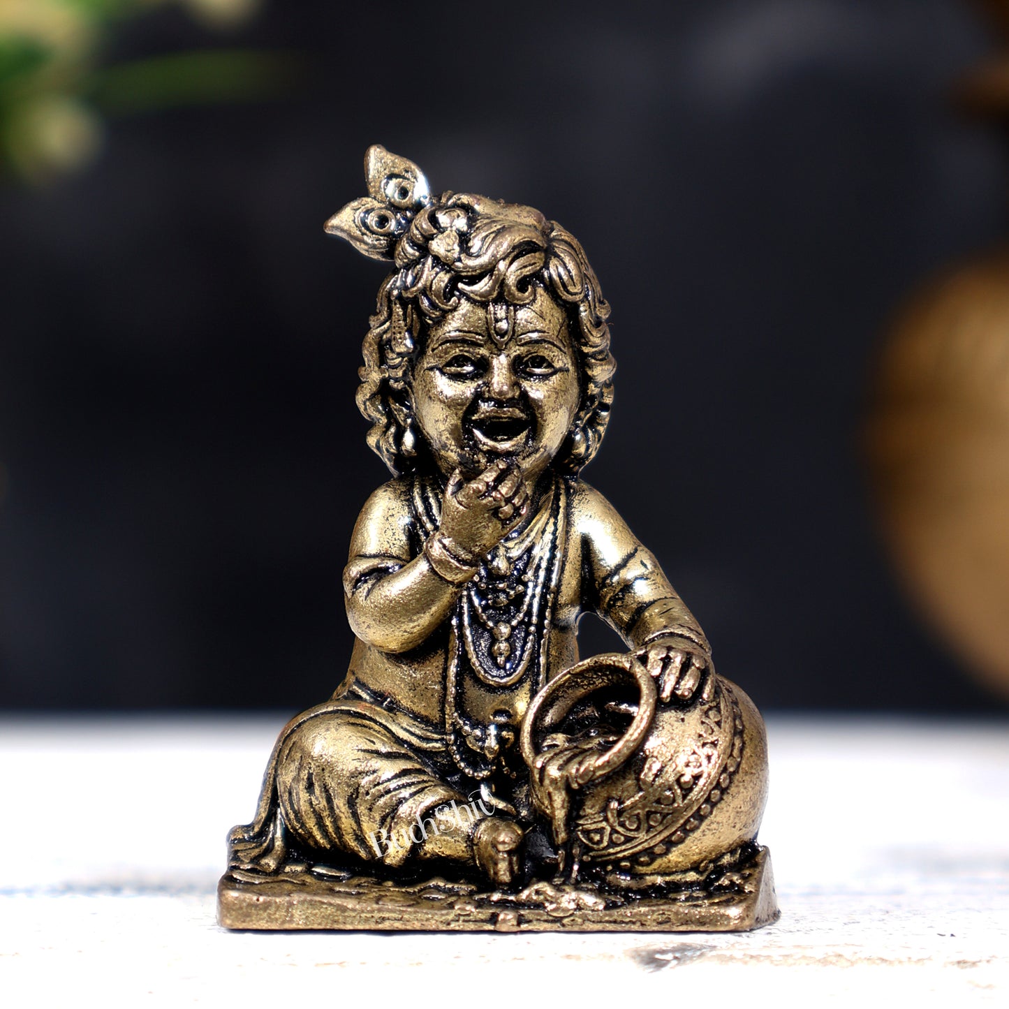 Brass Superfine Makhan Chor Bal Gopal — Baby Krishna Idol (Small) 2 inch