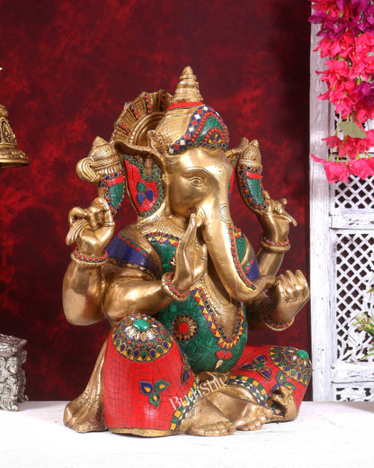 Pure Brass Lord Ganesha Statue - 20 Inch with stonework