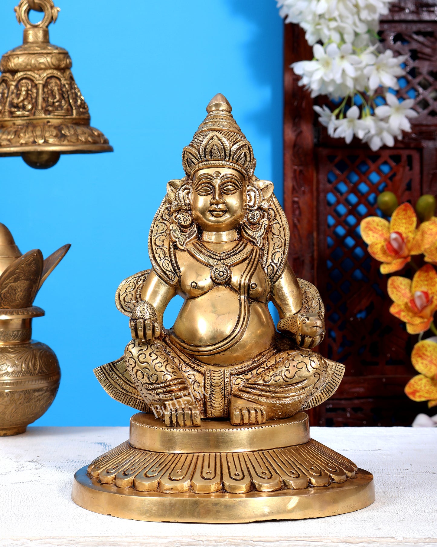 Brass Large Kubera Statue | Pure Brass God of Wealth & Treasure 10.2 inch