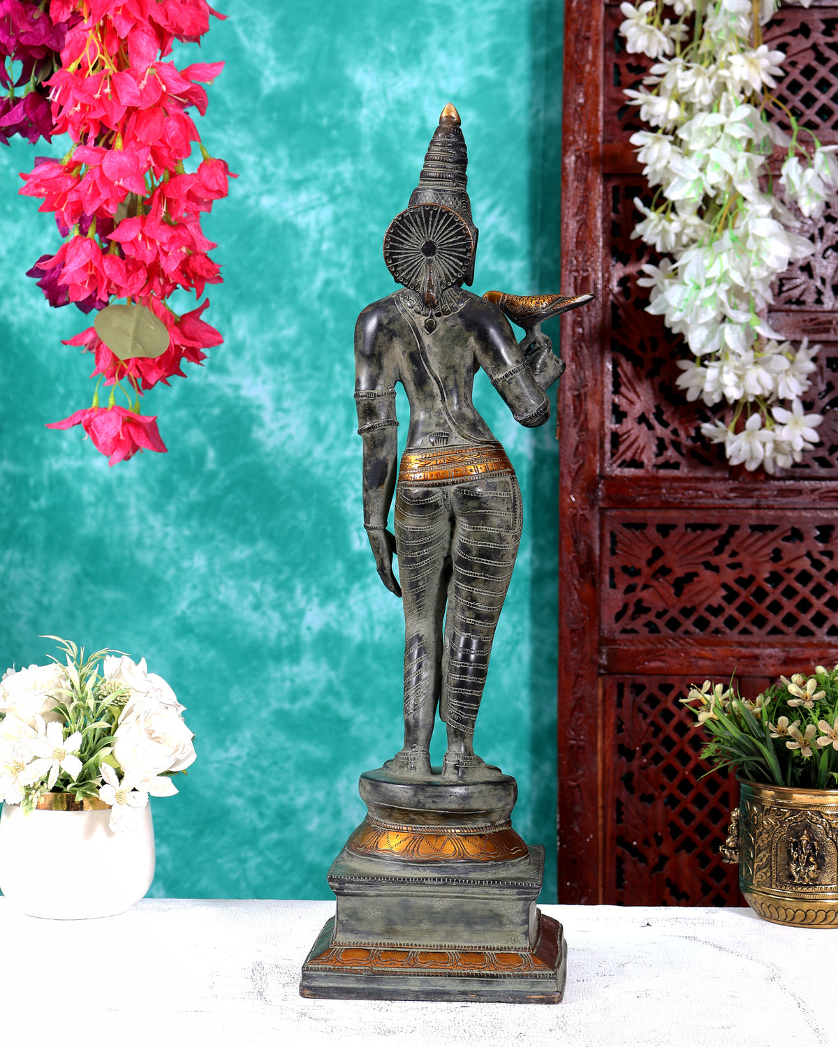 Vintage Brass Meenakshi Statue — Antique Patina Sand Finish 20 inch