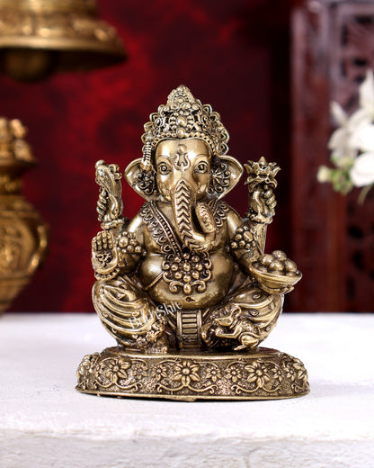 Brass Superfine Ganesha on Round Base — Intricate Idol 4 inch