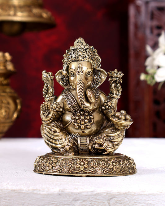 Brass Superfine Ganesha on Round Base — Intricate Idol 4 inch