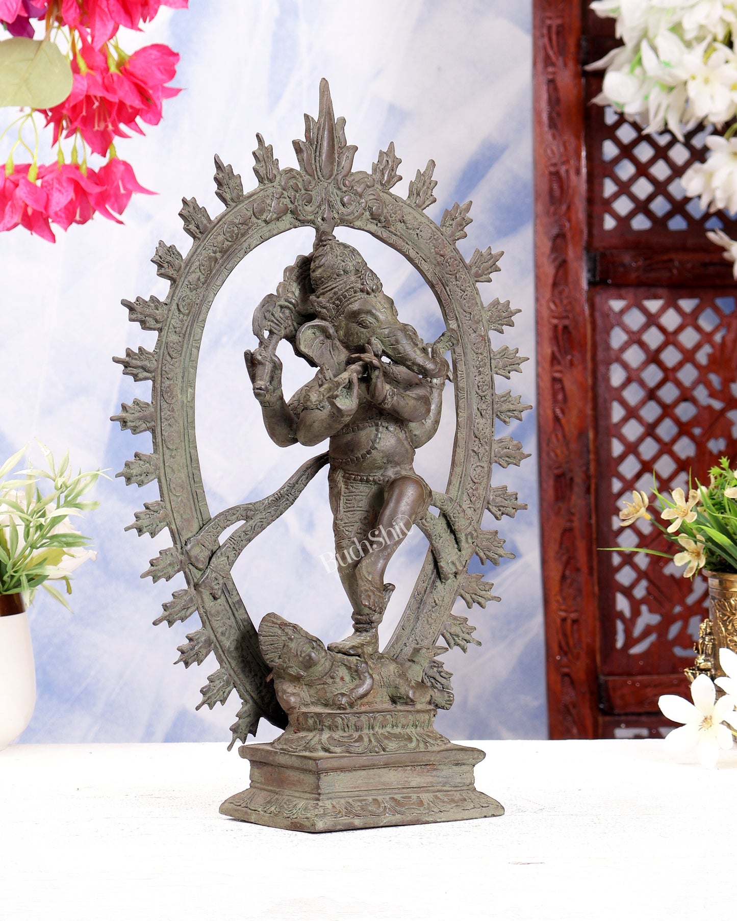 Bronze Dancing Ganesha Nataraja Playing Flute  Arch – Patina Finish 13 inch