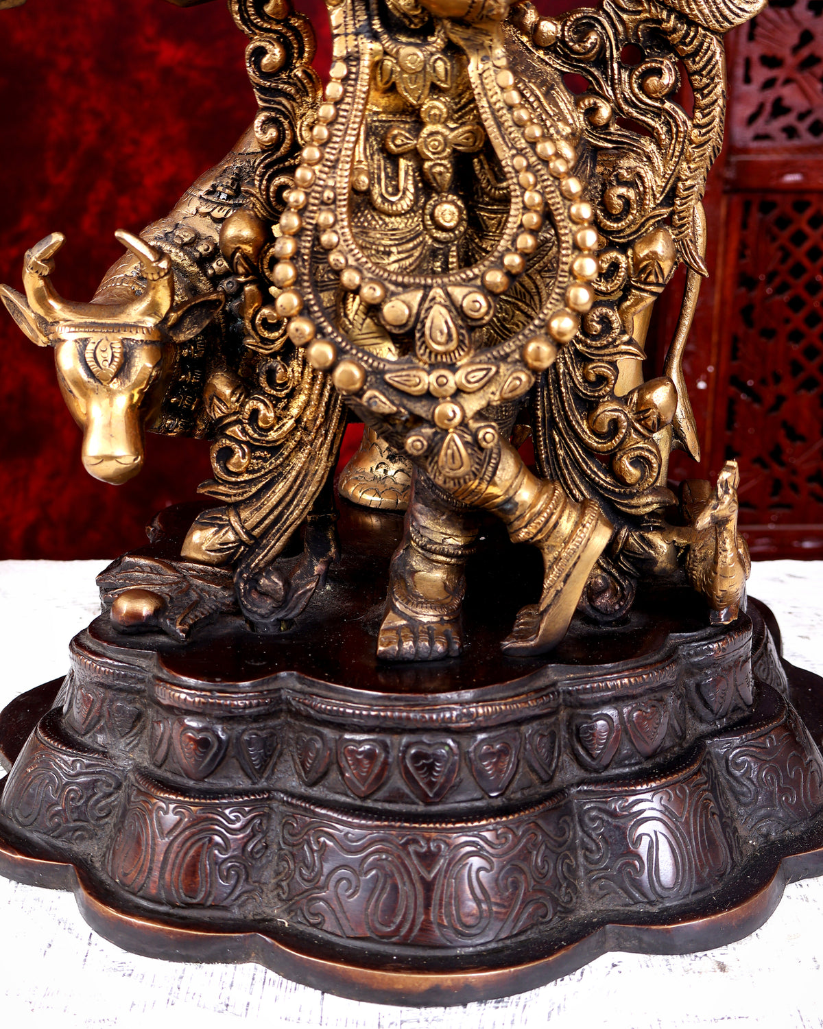Dual Tone Brass Krishna with Cow Under Large Tree | 22 Inch Statue