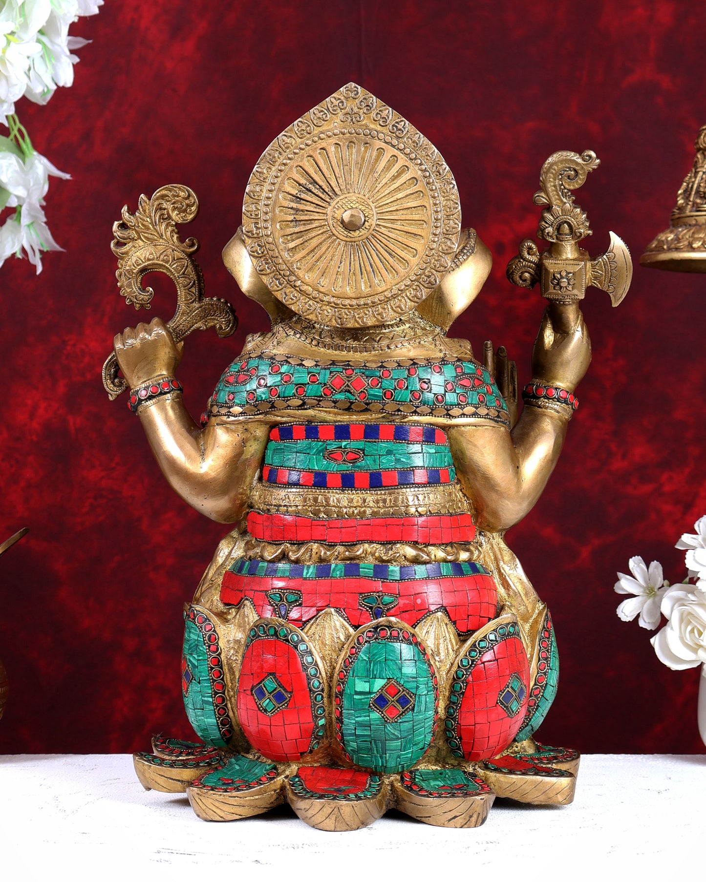 Unique brass Lord Ganesha on lotus large statue 16 inch with Stonework