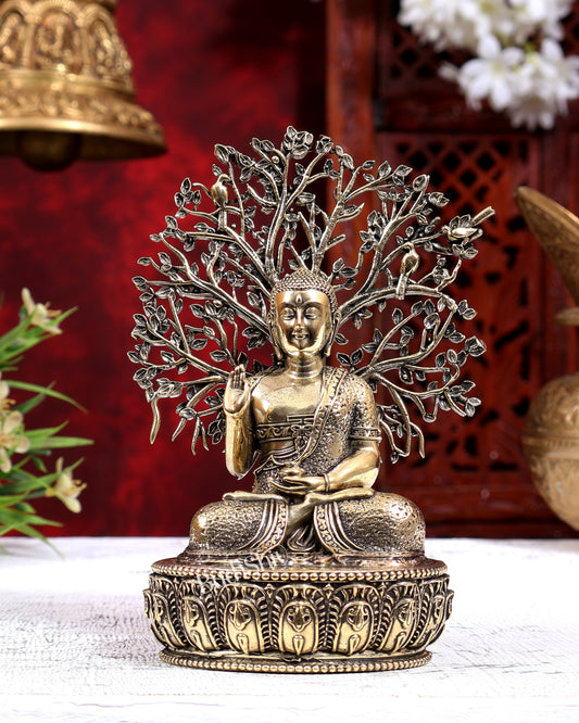 Brass Superfine Buddha with Bodhi Tree Idol | Pure Brass Buddhist Miniature Sculpture 6 inch