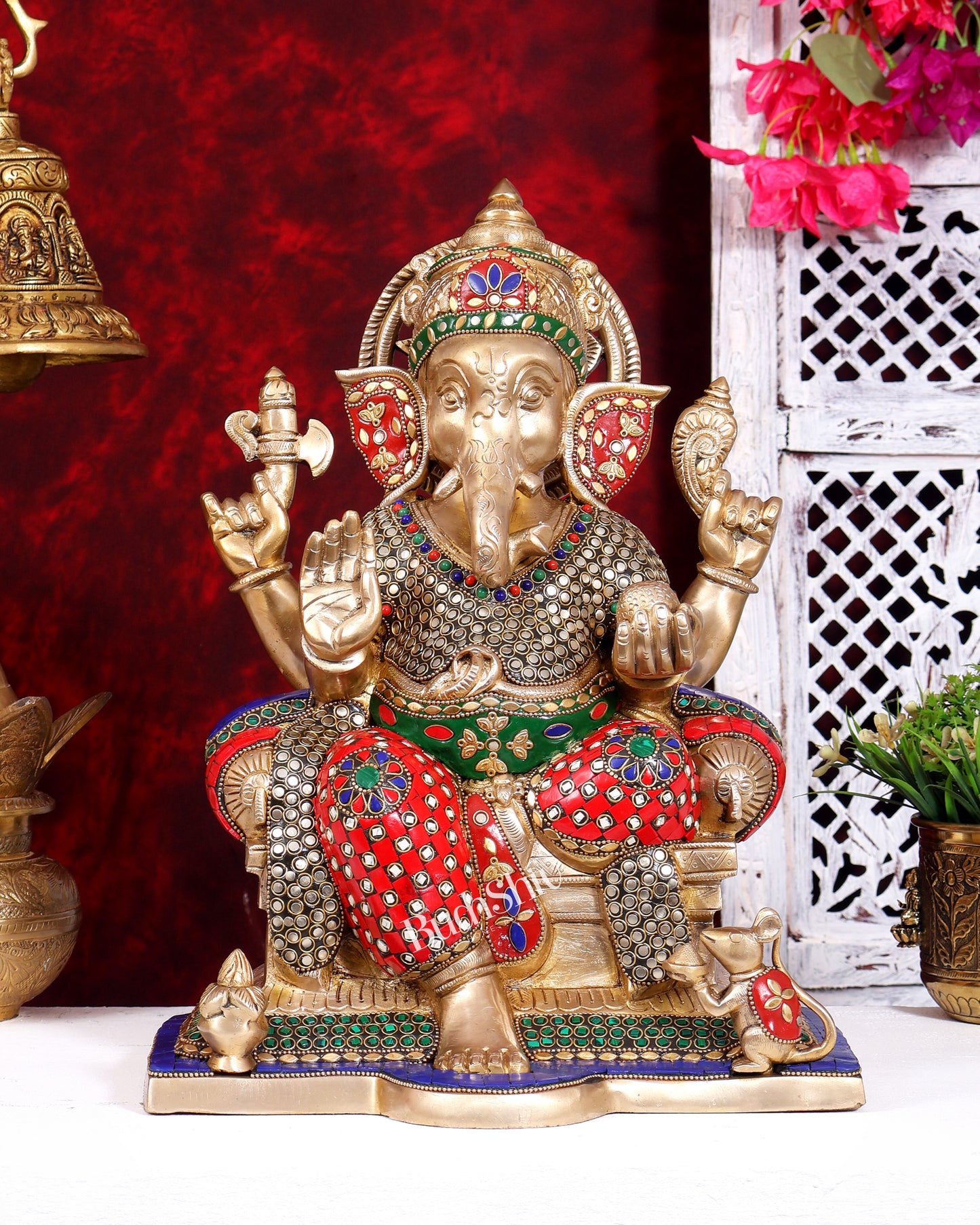 Brass Raja Ganesha on Throne Statue | Highly Detailed Large Idol 15 inch with Stonework
