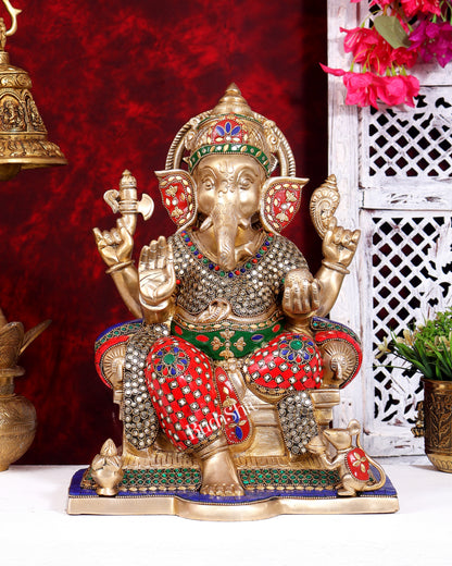 Brass Raja Ganesha on Throne Statue | Highly Detailed Large Idol 15 inch with Stonework