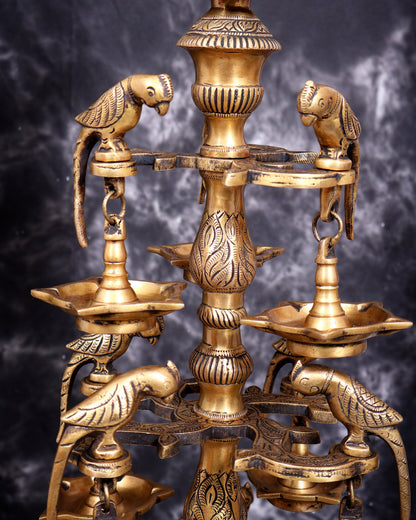 Brass Multi-Layer Parrot Lamp — 108 Diyas, 22 Parrots (Antique Tone) 38 inch