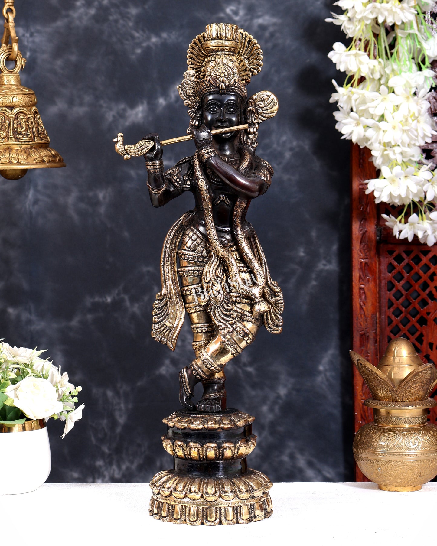 Brass Krishna Statue Unique Design 20 inch black and gold finish