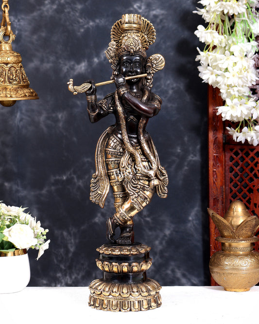 Brass Krishna Statue Unique Design 20 inch black and gold finish
