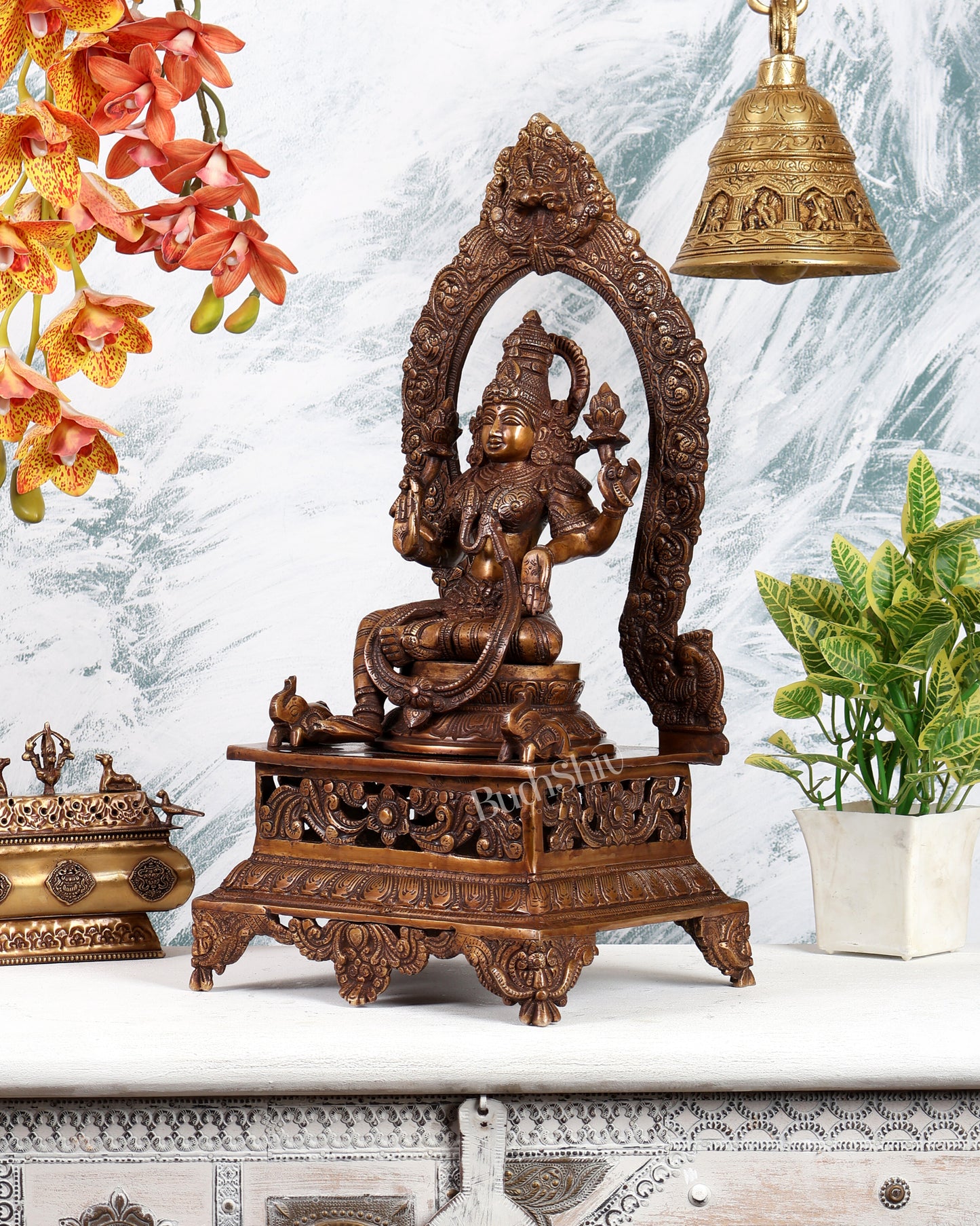 Antique Brass Goddess Lakshmi on Singhasan with Two Elephants – Grand Divine Prosperity Sculpture (20.5 Inches)