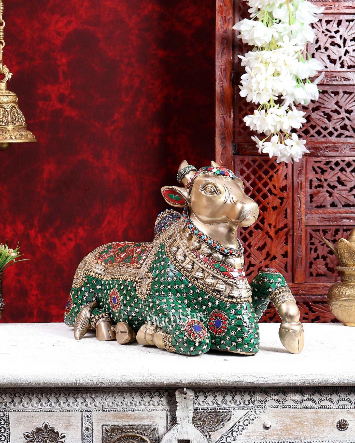 Brass Superfine Nandi Sculpture with Enhanced Carvings 18 inch with Stonework