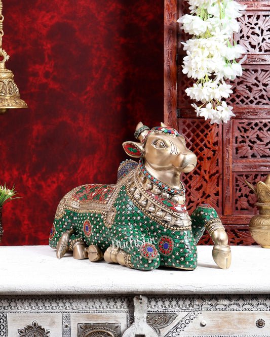 Brass Superfine Nandi Sculpture with Enhanced Carvings 18 inch with Stonework