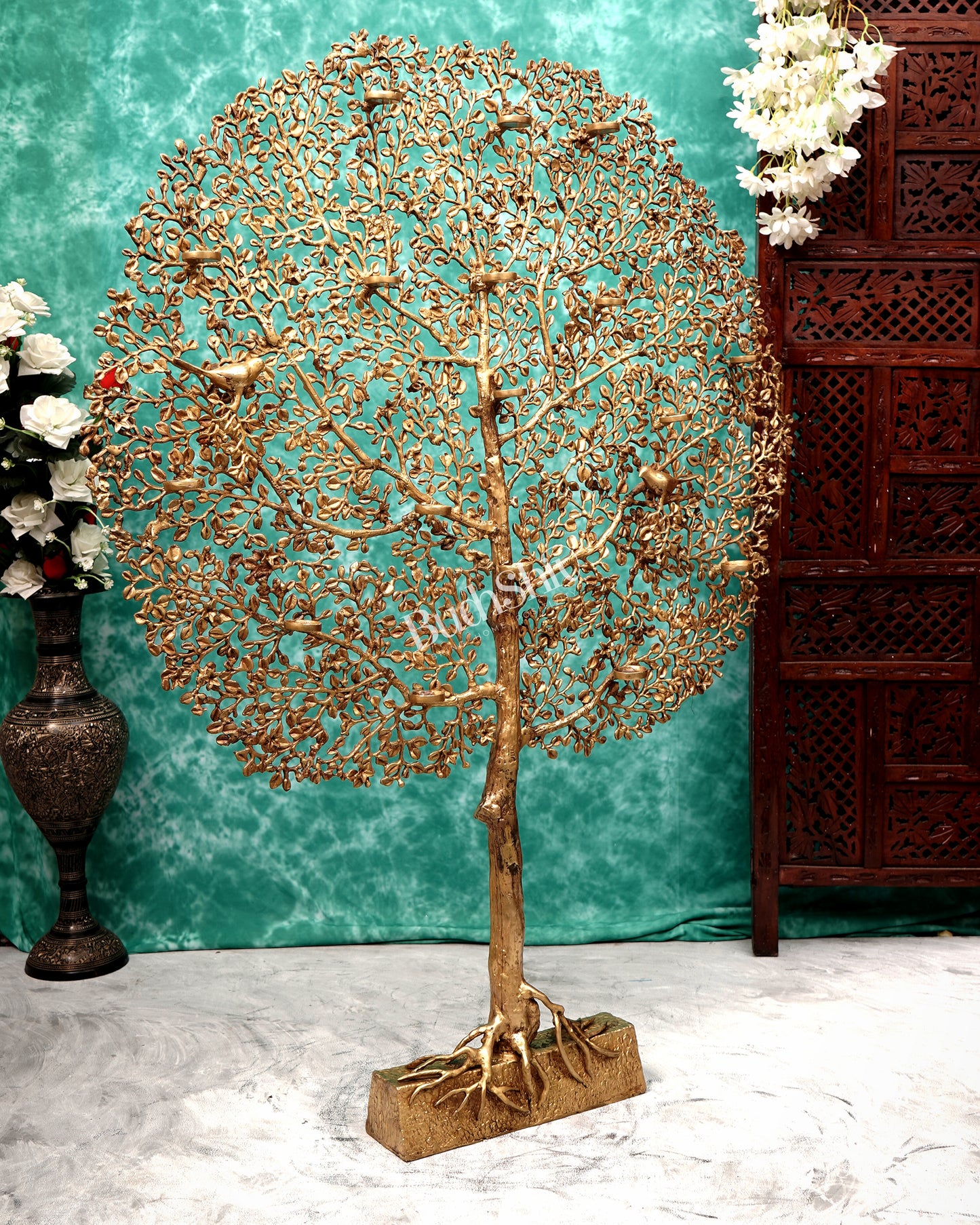 Pure Brass Large Kalpavriksha Tree with Birds & Diyas/T-Light Holders 50 inch